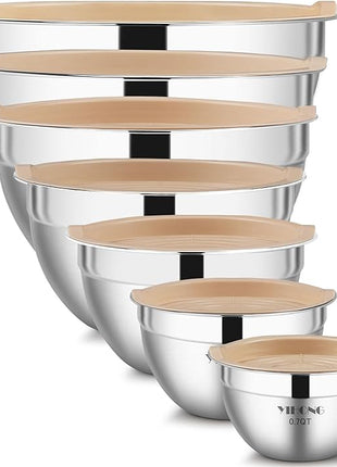 YIHONG 7 Piece Metal Mixing Bowls with Lids for Kitchen, Stainless Steel Set Ideal for Baking, Prepping, Cooking and Serving Food, Nesting Design for Space Saving Storage (Khaki)