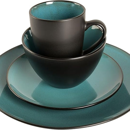 Gibson Elite Soho Lounge 16-Piece Round Reactive Glaze Stoneware Dinnerware Set, Service for 4 – Teal Plates and Bowls