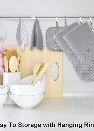 KEGOUU Oven Mitts and Pot Holders 6pcs Set, Kitchen Oven Glove High Heat Resistant 500 Degree Extra Long Oven Mitts and Potholder with Non-Slip Silicone Surface for Cooking (Light Gary)