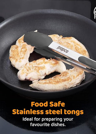 Popco 3-Piece Kitchen Tongs Set – Stainless Steel Heat Resistant Silicone Tips, Strong Comfort Grip, 3 Sizes (7, 9, 12 Inch), Non-Scratch, Dishwasher Safe, for Cooking, BBQ, Salad