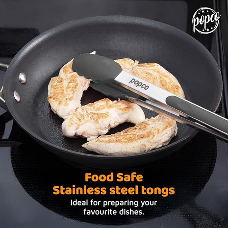 Popco 3-Piece Kitchen Tongs Set – Stainless Steel Heat Resistant Silicone Tips, Strong Comfort Grip, 3 Sizes (7, 9, 12 Inch), Non-Scratch, Dishwasher Safe, for Cooking, BBQ, Salad