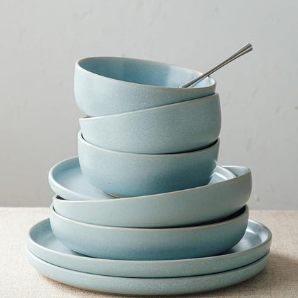 Famiware Milkyway Plates and Bowls Sets, 12 Pieces Dinnerware Sets, Reactive Glaze Dish Set, Stoneware Dishes Set for 4, Light Blue