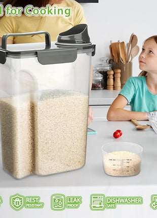 Rice Storage Container, 5 to 10lb Dry Food Airtight Dispenser, Pet Dog Cat Food Canister, BPA Free Clear Plastic Kitchen and Pantry Organization Bin for Oatmeal, Grain, Cereal, Pasta, Flour