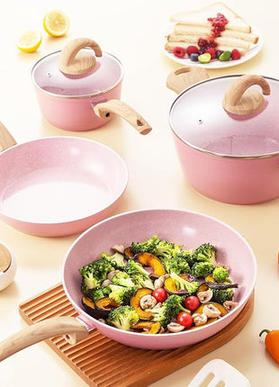 Non Stick Pots and Pans Set, Healthy Ceramic Cookware Set, 12pcs Kitchen Cooking Pots and Frying Sauce Saute Pans Set, PFAS-Free with Kitchen Utensils and Lid, Pink