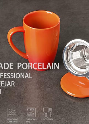 Sweejar Porcelain Tea Mug with Infuser and Lid,Teaware with Filter, Loose Leaf Tea Cup Steeper Maker, 16 Fl Oz for Tea/Coffee/Milk/Women/Office/Home/Gift (Gradient Orange)