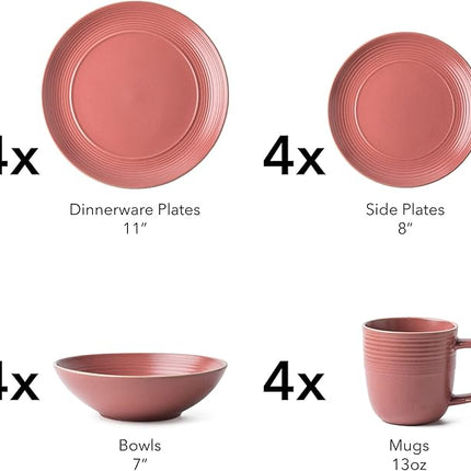 RINGAR Round Stoneware 16pc Dinnerware Set of 4, Dinner Plates, Side Plates, Cereal Bowls, Mugs - Speckle Matte Red (395476)