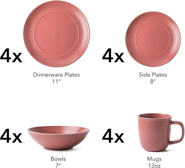 RINGAR Round Stoneware 16pc Dinnerware Set of 4, Dinner Plates, Side Plates, Cereal Bowls, Mugs - Speckle Matte Red (395476)
