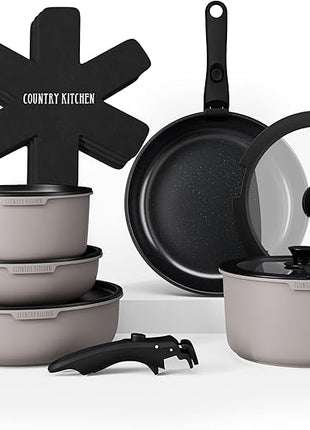 Country Kitchen Cookware Set with Removable Handle, Oven & RV Safe Pots and Pans Set, Grey/Black, Original