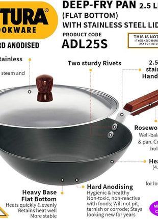 Hawkins Futura 2.5 Litre Deep Fry Pan, Long Handle Hard Anodised Kadai with Stainless Steel Lid, Flat Bottom Kadhai, Black (ADL25S)