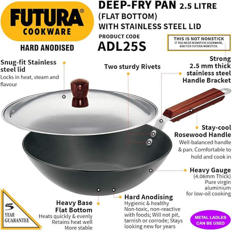 Hawkins Futura 2.5 Litre Deep Fry Pan, Long Handle Hard Anodised Kadai with Stainless Steel Lid, Flat Bottom Kadhai, Black (ADL25S)
