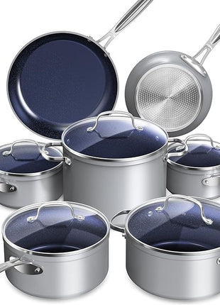 Nuwave Healthy Duralon Blue Ceramic Nonstick Cookware Set, Diamond Infused Scratch-Resistant, PFAS Free, Dishwasher & Oven Safe, Induction Ready & Evenly Heats, Tempered Glass Lids & Stay-Cool Handles