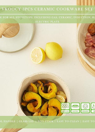 Pots and Pans Set Non Stick, Healthy Ceramic Cookware Set, 3pcs Kitchen Pots Frying Pan Saucepan, PFAS-Free, Pink