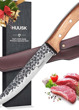 Huusk Knives from Japan, Boning Knife for Meat Cutting 6 inch, Butcher Knife for Brisket Trimming, Viking knife with Sheath, Full Tang Kitchen Utility Knife, Gift for Fathers