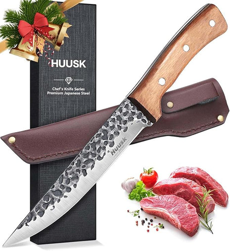 Huusk Knives from Japan, Boning Knife for Meat Cutting 6 inch, Butcher Knife for Brisket Trimming, Viking knife with Sheath, Full Tang Kitchen Utility Knife, Gift for Fathers