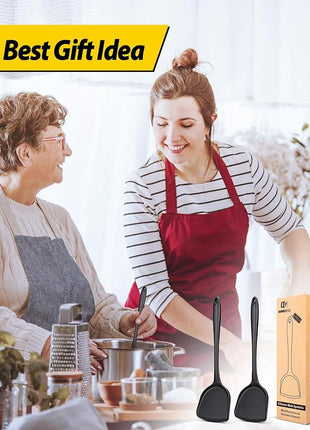 Pack of 2 Silicone Wok Spatula, Non-Stick, Heat Resistant, Easy to Clean and Dishwasher Safe, Seamless Kitchen Utensil for Cooking, Baking, Stir-Fry (Black)