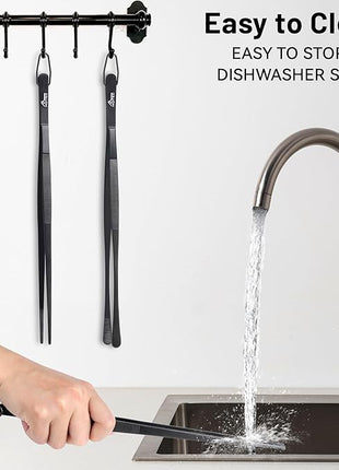 HOTEC Kitchen Tweezers Tongs Stainless Steel Professional Chef Tweezers, Set of 2-12inch Extra-Long Food Tongs for Cooking,Grill and Baking