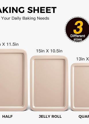 HONGBAKE Cookie Sheets, Baking Sheet Set, Nonstick Oven Pan with Wider Grips, 3 Pack Half/Jelly Roll/Quarter Baking Tray, Premium & Dishwasher Safe