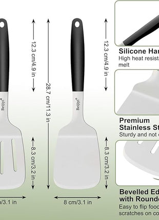 Beijiyi Stainless Steel Spatula Set, 2 Pcs Small Metal Spatula for Cast Iron Skillet, Solid and Slotted Turner Spatulas for Kitchen Use with Silicone Handle, Cooking Utensils for Eggs, Burger, Steak