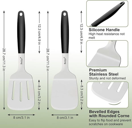 Beijiyi Stainless Steel Spatula Set, 2 Pcs Small Metal Spatula for Cast Iron Skillet, Solid and Slotted Turner Spatulas for Kitchen Use with Silicone Handle, Cooking Utensils for Eggs, Burger, Steak