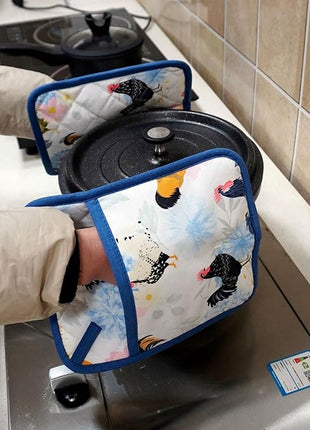 Pot Holders Set of 2 Heat Resistant 480℉ Kitchen 100% Cotton Comfortable Lining Printing Fox Flower Women Men Home Cooking Baking Microwave BBQ Gift (Rooster potholder)
