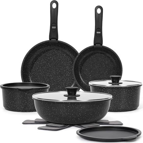 15Pcs Pots and Pans Set Non Stick, Cookware Sets with Detachable Handle, Nonstick RV Kitchen Cooking Tools Removable Handles, Oven Safe, Induction Fast, Stackable Induction Cookware,Black