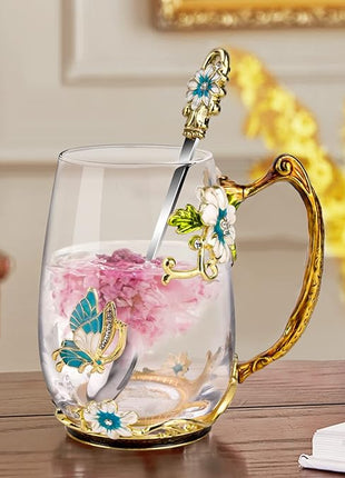 OEAGO Birthday Gifts for Women Mom Glass Coffee Enamels Mug Best Mothers Day Butterfly Gifts for Her from Daughter Son Lead-Free Christmas Tea Cup with Spoon Sets