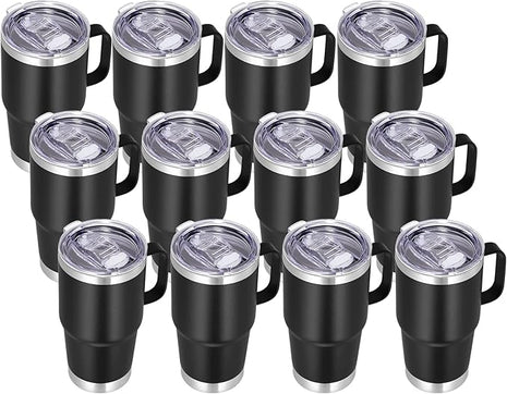 VEGOND 20 oz Tumbler Bulk with Handle Lid and Straw, Stainless Steel Insulated Travel Coffee Mug Set, Spill Proof Double Wall Metal Tumblers Cups, Powder Black 12 Pack