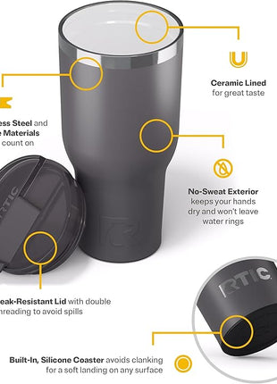 RTIC 40oz Essential Tumbler with Lid, Ceramic Lined, Insulated, Stainless Steel, Metal, Double Wall Vacuum-Insulation, Travel Cup for Iced Coffee, Tea, Hot and Cold Drink, Graphite