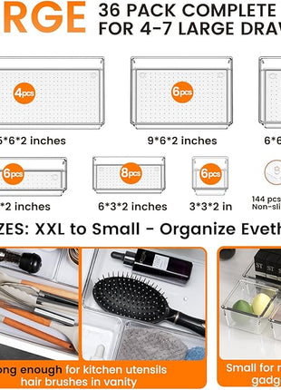 Criusia 36 Pack Large Clear Plastic Drawer Organizer Bins - 6 Size Acrylic Kitchen Drawer Organization and Storage for Utensils Gadgets, Office Bathroom and Vanity Organizer for Makeup Accessoires