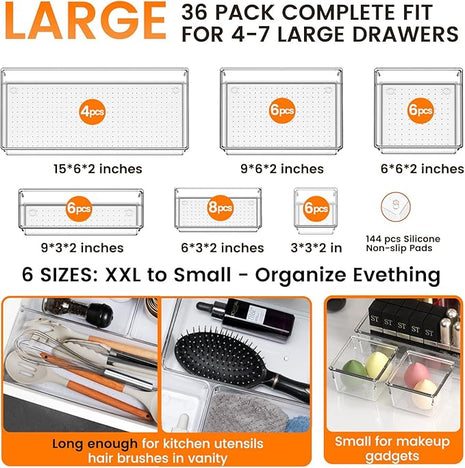 Criusia 36 Pack Large Clear Plastic Drawer Organizer Bins - 6 Size Acrylic Kitchen Drawer Organization and Storage for Utensils Gadgets, Office Bathroom and Vanity Organizer for Makeup Accessoires