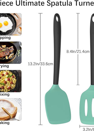 Coukre 2 Pack Silicone Spatula Set, High Heat Resistant, BPA Free Kitchen Spatula, Solid & Slotted Turner for Non-Stick Pans, Sautéing, and Flipping (2, AquaGreen)