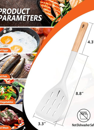 Pack of 2 Silicone Spatula, Non Stick Cooking Utensil Set Wooden Handle Kitchen Turner for Baking Mixing Grilling Serving Food Heat Resistant Non Scratch Hooks Included (White)