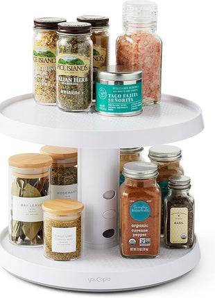 YouCopia Crazy Susan Two-Tier Turntable, Height-Adjustable Lazy Susan Organizer for Kitchen Cabinet and Pantry Organization and Storage, White