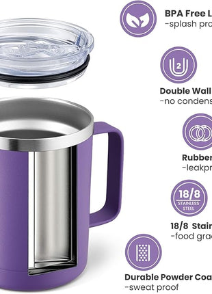 MEWAY 12oz Coffee Mug With Handle 2 Pack Bulk,Stainless Steel Insulated Travel Tumblers With Sliding Lid,Double Wall Vacuum Camping Cup for Hot & Cold Drinks Tea (Purple,Set of 2)