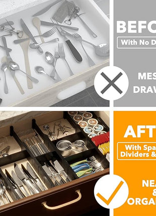 SpaceAid Bamboo Drawer Dividers with Inserts and Labels, Kitchen Adjustable Drawer Organizers, Expandable Organization for Home, Office, Dressers, 7 Dividers with 15 Inserts (17"-22" Black)