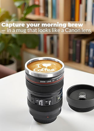 Camera Lens Coffee Mug with Slider Lid – Realistic DSLR Thermos Cup, Novelty Gift for Photographers, Coffee Lovers, Men & Women