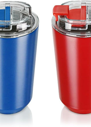 Puraville 2 Pack Insulated Tumblers with Lid, 14 oz Travel Coffee Mug Stainless Steel Vacuum Cup, Leak Proof Double Walled Coffee Tumbler for Iced and Hot Drinks, Klein Blue and Red