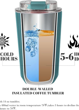 Puraville Insulated Tumblers with Lid, 14 oz Travel Coffee Mug Stainless Steel Vacuum Cup, Leak Proof Reusable Double Walled Coffee Tumbler for Iced and Hot Drinks, Peacock Blue