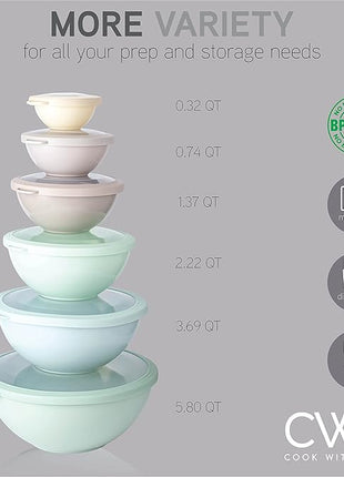 COOK WITH COLOR Nesting Mixing Bowls - 12 Piece Plastic Bowl Set with Lids, Microwave Safe (Mint Ombre)