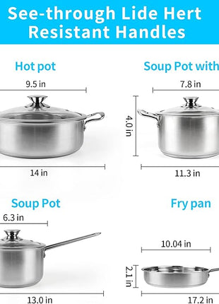 Stainless Steel Pots and Pans Set, 7-Piece Kitchen Cookware Sets with Glass Lids, Stay-Cool Handle, Oven Safe, Works with Induction/Electric and Gas Cooktops, Dishwasher