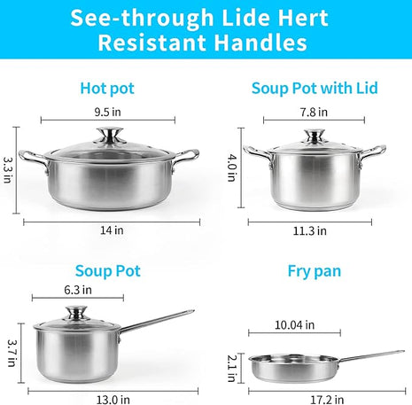 Stainless Steel Pots and Pans Set, 7-Piece Kitchen Cookware Sets with Glass Lids, Stay-Cool Handle, Oven Safe, Works with Induction/Electric and Gas Cooktops, Dishwasher