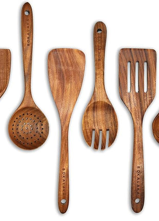 GreyWooden Kitchen Utensil Set, 6Pcs Wooden Cooking Utensils for Non-Stick Pan, 100% Natural Teak Wooden Spatula