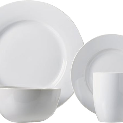 Amazon Basics 16-Piece Porcelain Kitchen Dinnerware Set with Plates, Bowls and Mugs, Service for 4 - White