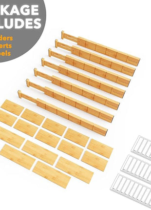 SpaceAid Bamboo Drawer Dividers with Inserts and Labels, Kitchen Adjustable Drawer Organizers, Expandable Organization for Home, Office, Dressers, 7 Dividers with 15 Inserts (17"-22" Natural)