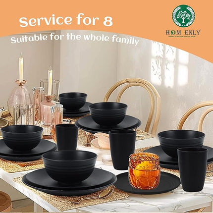 Homienly Wheat Straw Dinnerware Set,40-Piece Dish Set for 8, Dinner Plates, Dessert Plate, Cereal Bowls, Cups, Appetizer Plates,Reusable Dinner Plates Kids Plates and Bowls Sets,Black