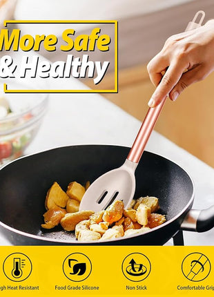 Pack of 2 Large Silicone Cooking Spoons,Non Stick Solid Basting Spoon,Heat-Resistant Kitchen Utensils for Mixing,Serving,Draining,Stirring (ROSE GOLD KHAKI)