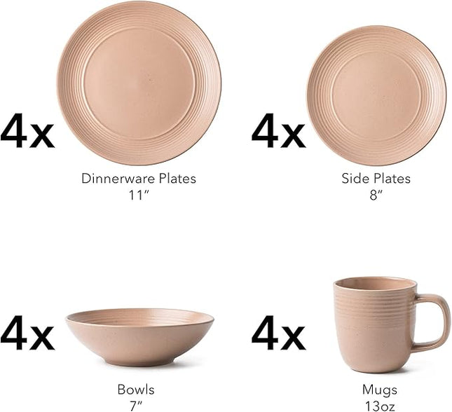 RINGAR Round Stoneware 16pc Dinnerware Set of 4, Dinner Plates, Side Plates, Cereal Bowls, Mugs - Speckle Matte Coral (416867)
