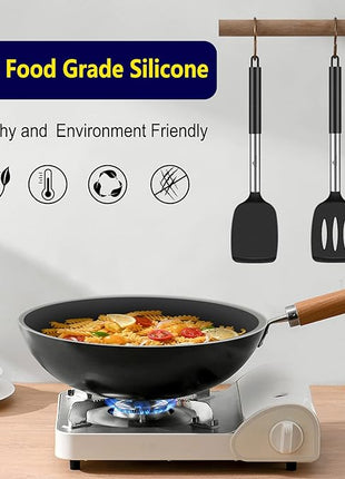 HOTEC Silicone Spatula Set of 2 Heat-Resistant 600°F & BPA-Free Kitchen SaptulaTurner with Stainless Steel Handles, Slotted & Solid Spatulas for Nonstick Cookware, 13.7 Inch, Black