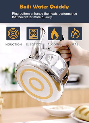 Tea Kettle Stovetop Whistling Teakettle ClassicTeapot Stainless Steel Tea Pots for Stove Top with Heat-resistant Folding Handle Mirror Finish, 2 liters