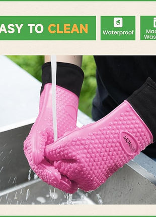 GEEKHOM BBQ Gloves Heat Resistant Oven Mitts - Silicone Grilling Gloves with 13.7" Arm Protection - Waterproof Pot Holder Non-Slip for Men & Women, Kitchen Outdoor Cooking, Baking, Camping, Pink